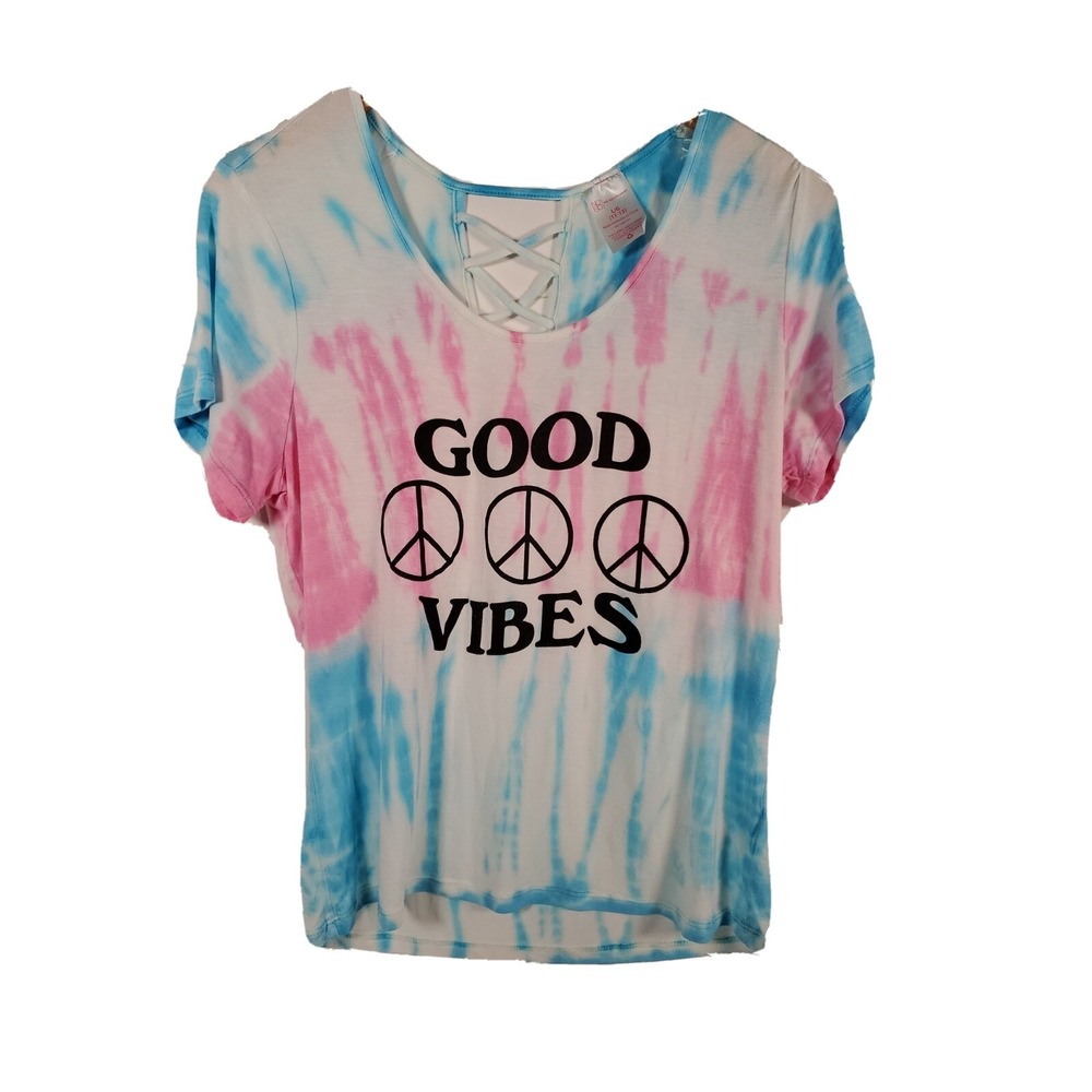 Good Vibes Shirt LARGE (11-13) Women's Peace Tie Dye Juniors Top w/Lace Up Back